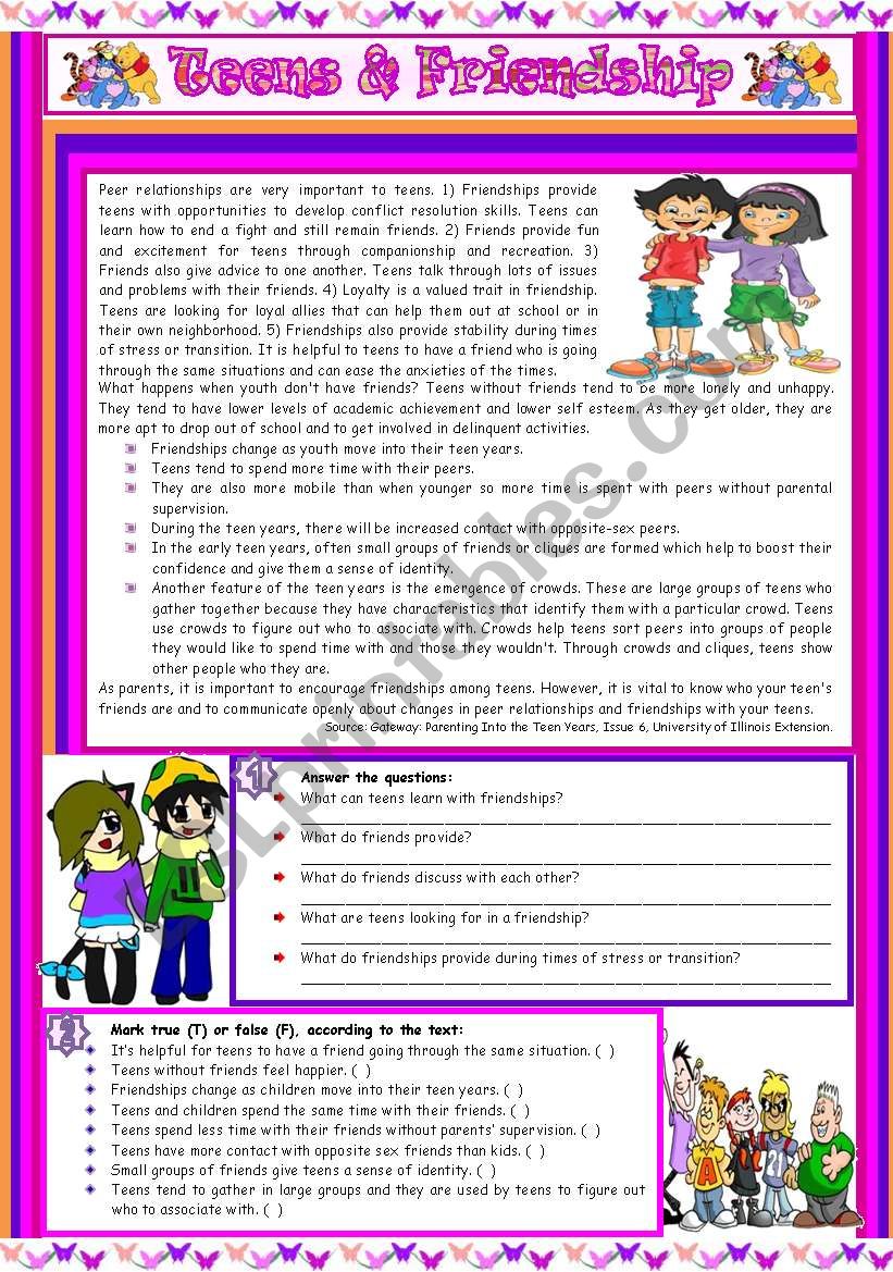 english-worksheets-teens-friendship-reading-comprehension-grammar-connectors-4-tasks